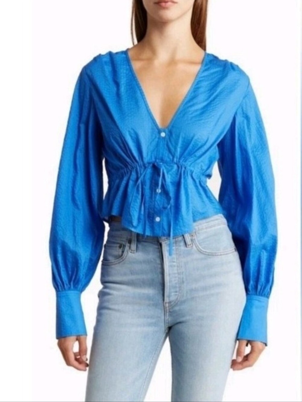 Frame Long Sleeve Empire Waist Crop Blouse Button Down Cotton L